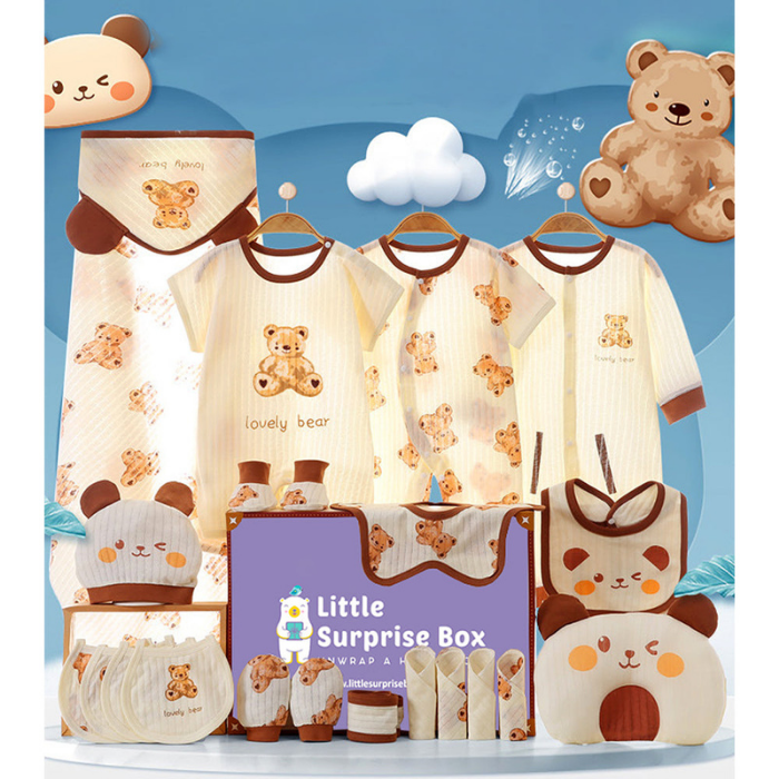 21 pcs Brown Cream Lovely Bear Newborn Baby Girl/ Boy Gift Box, all season wear Hamper, (0 - 12 months)