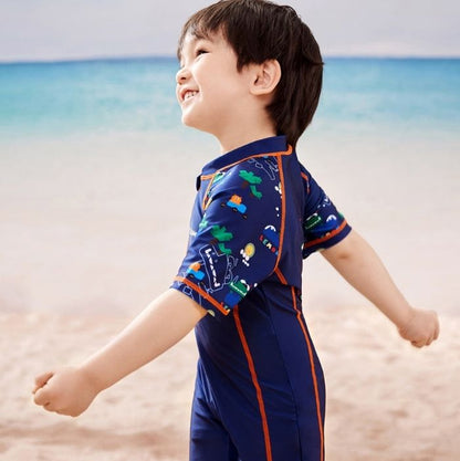 Dark Blue Geometric Alligator Kids Swimwear UPF 50+ with matching Swim Cap & Free Washbag