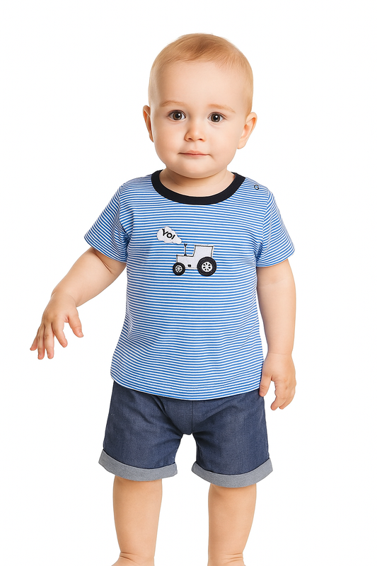 Yo! Tractor Organic Stripe Tee & Denim Short Set
