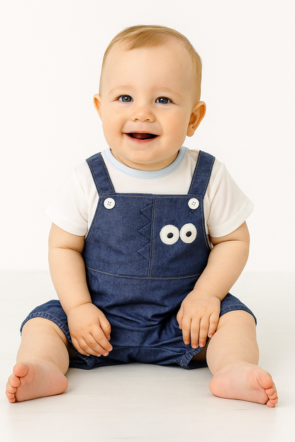 Peek‑A‑Boo Dino Organic Denim Shortall & Tee Dungaree Set