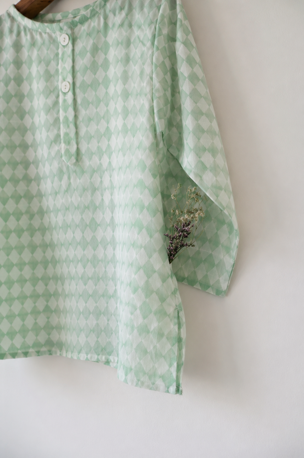 Sleepover party kids unisex kurta in sage green rhombus