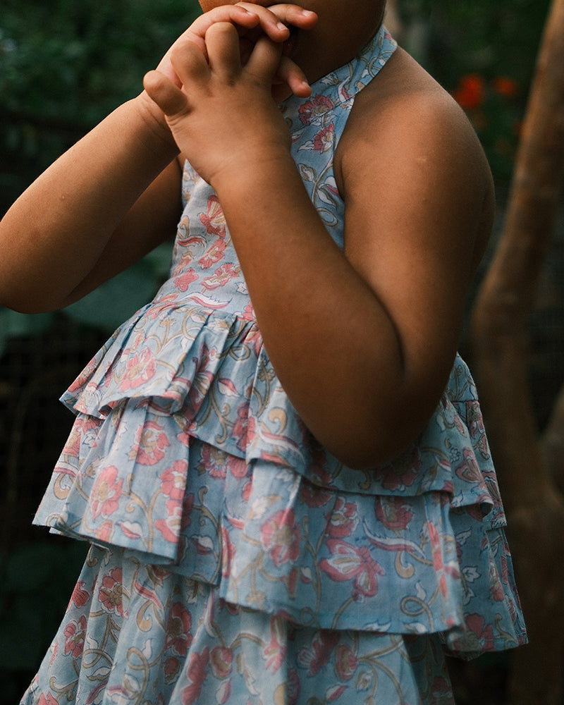 Flutter sky blue butterfly halter top skirt co-ord
