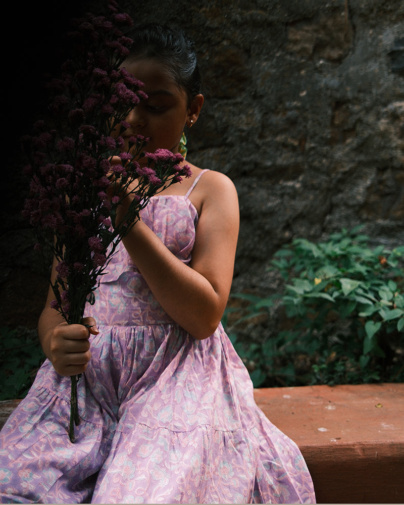 Fool's paradise dress in purple butterfly blockprint