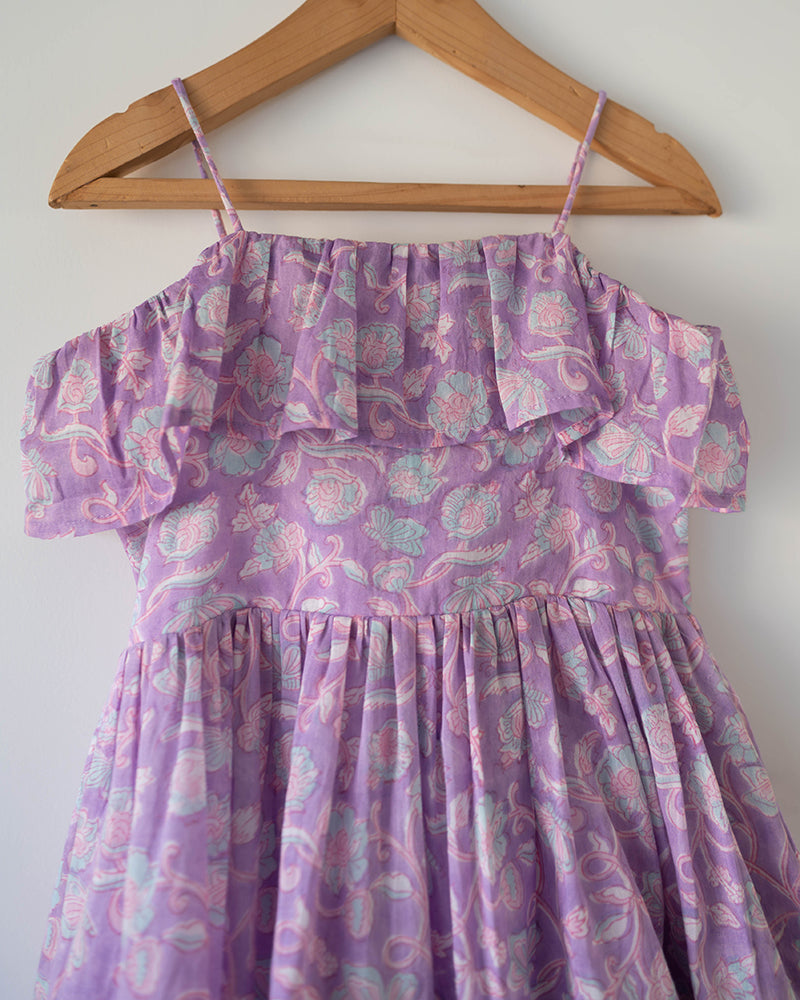 Fool's paradise dress in purple butterfly blockprint