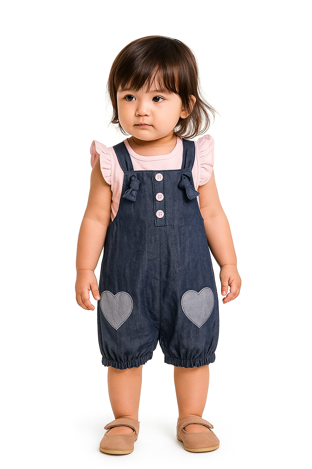 Bow & Heart Organic Denim Shortall & Flutter‑Sleeve Tee Set