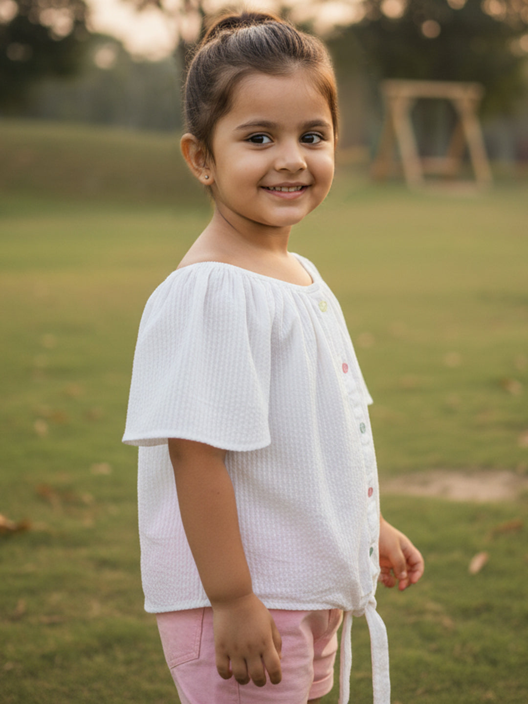 Seersucker Knot & Pop Tie-Up Top for Girls (White)