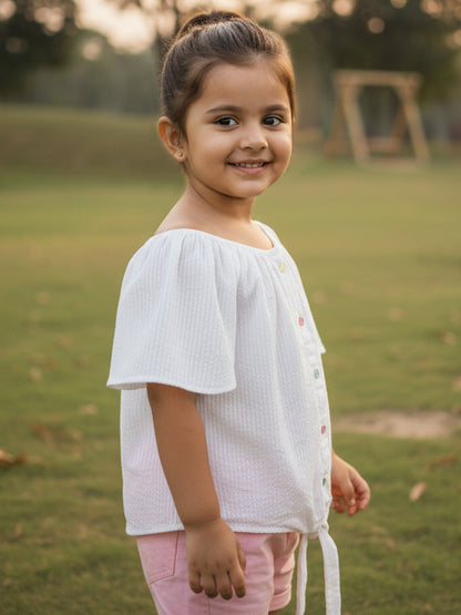 Seersucker Knot & Pop Tie-Up Top for Girls (White)