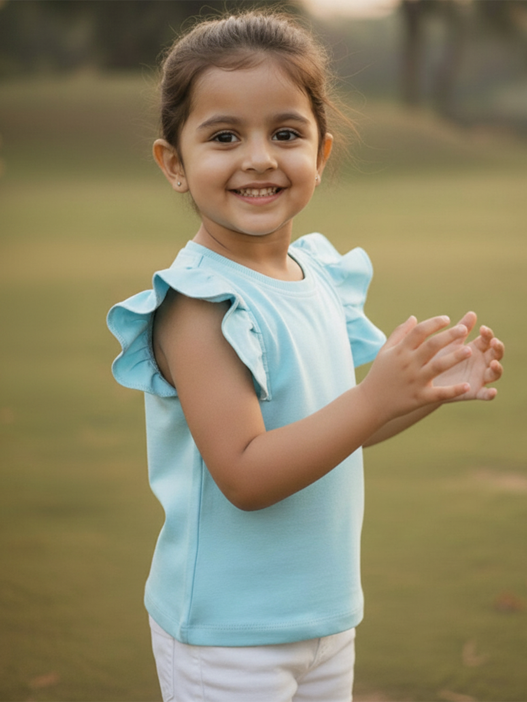 Bloom Frill Sleeve Stretch Top for Girls (Sky Blue)
