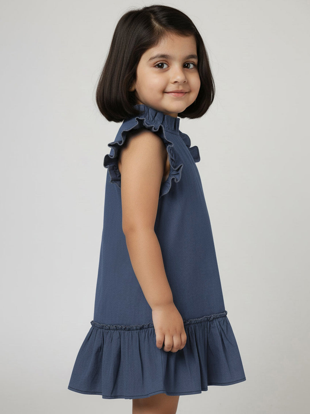 Just Like Denim Frill Sleeves Dress for Girls (Blue)