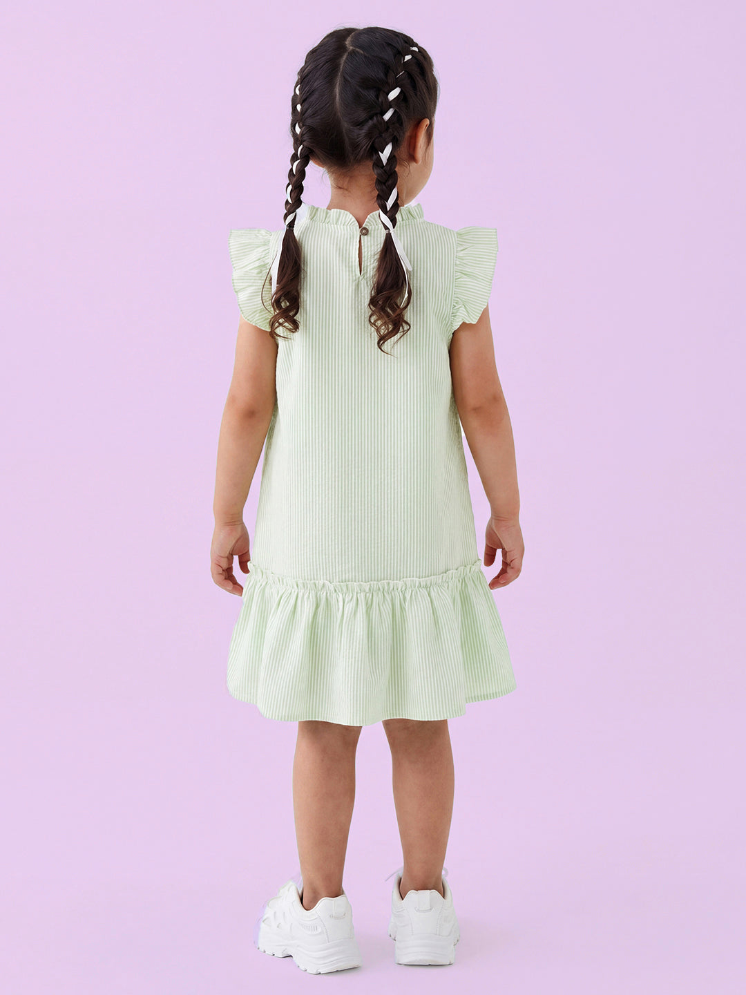 Soothing Stripes Frill Sleeves Dress for Girls (Green)