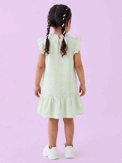 Soothing Stripes Frill Sleeves Dress for Girls (Green)