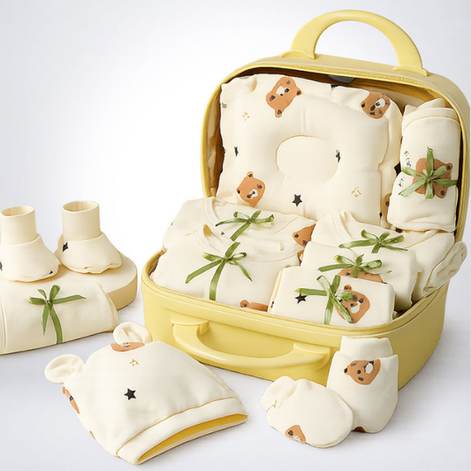 22 pcs small Bear Hamper for Newborn Baby Boy/ Baby Girl, All season wear hamper with Giraffe travel Suitcase, 0-12 months