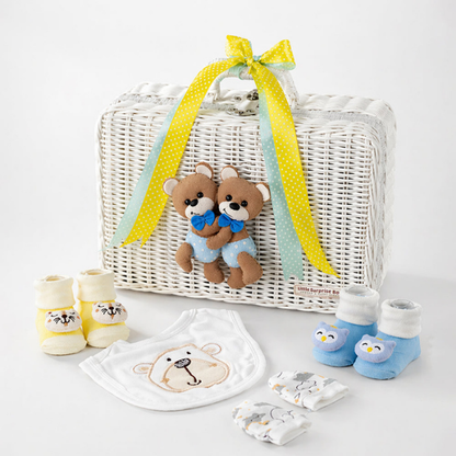 25 pcs, Twin Boys White cane basket themed Newborn Baby Boy, All Season wear,Gift Hamper set, 0-6 months
