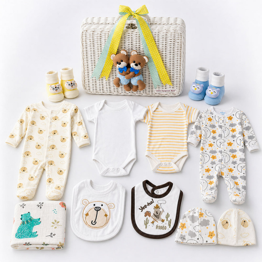 25 pcs, Twin Boys White cane basket themed Newborn Baby Boy, All Season wear,Gift Hamper set, 0-6 months