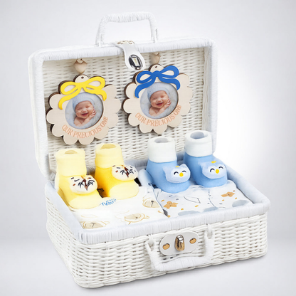 25 pcs, Twin Boys White cane basket themed Newborn Baby Boy, All Season wear,Gift Hamper set, 0-6 months