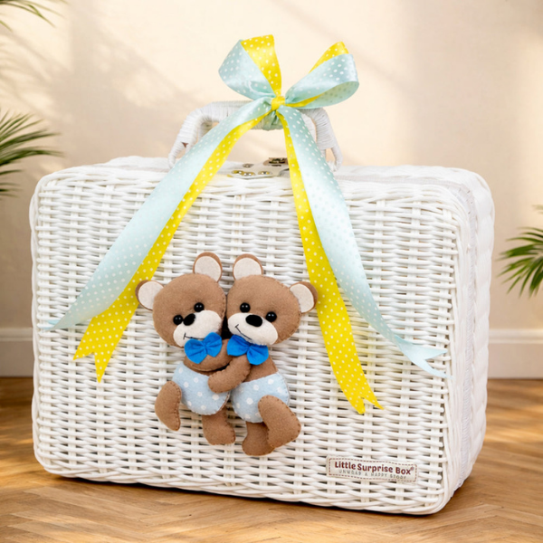25 pcs, Twin Boys White cane basket themed Newborn Baby Boy, All Season wear,Gift Hamper set, 0-6 months