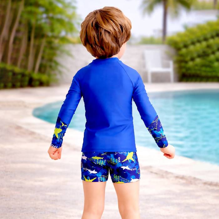 2 Pcs Polka Shark Print T-shirt & Shorts Set, Kids Swimwear with matching Swim Cap, plus Free Wash Bag & Free Swim Detergent