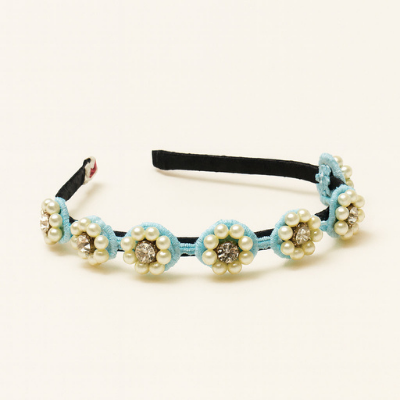 Choko Beaded Floral Pearl Hairband Hair Accessory with Rhinestones and Flowers for Girls - Blue