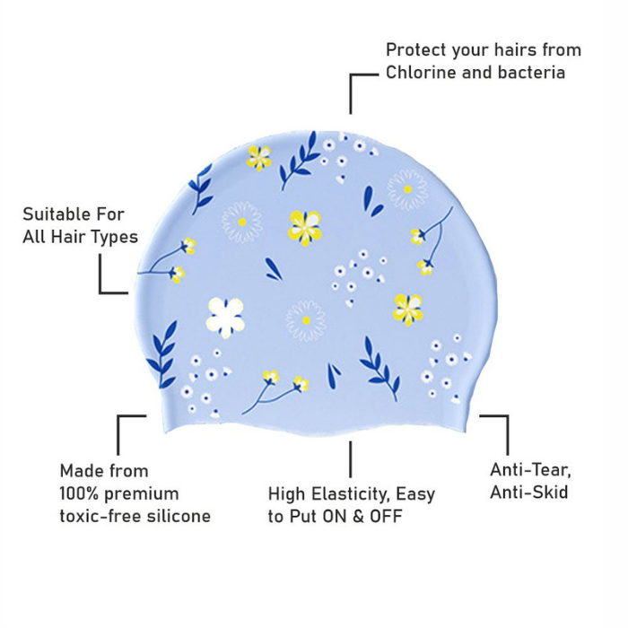 Blue Small Flower Print Swimming Cap for Kids and Adults, 10 years and above.