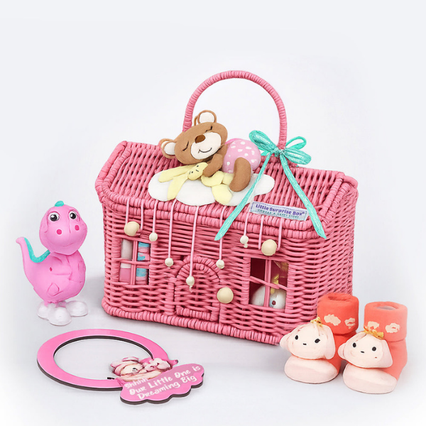 19 pcs, Pink Teddy Home cane basket themed Newborn Baby Girl, All Season wear,Gift Hamper set, 0-6 months