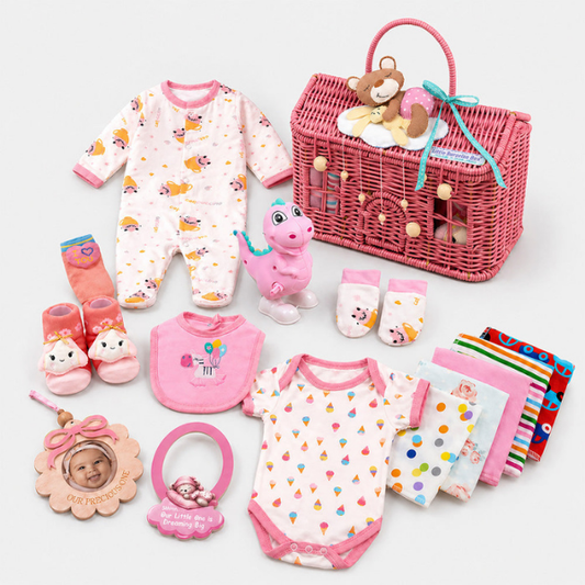 19 pcs, Pink Teddy Home cane basket themed Newborn Baby Girl, All Season wear,Gift Hamper set, 0-6 months