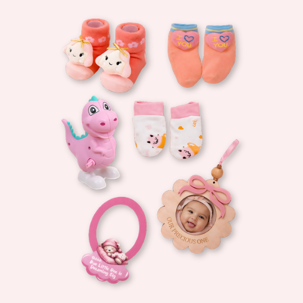 19 pcs, Pink Teddy Home cane basket themed Newborn Baby Girl, All Season wear,Gift Hamper set, 0-6 months