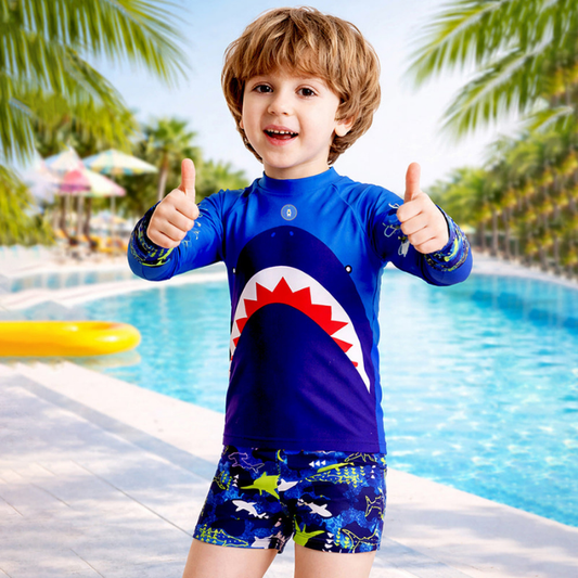 2 Pcs Polka Shark Print T-shirt & Shorts Set, Kids Swimwear with matching Swim Cap, plus Free Wash Bag & Free Swim Detergent