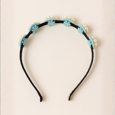 Choko Beaded Floral Pearl Hairband Hair Accessory with Rhinestones and Flowers for Girls - Blue