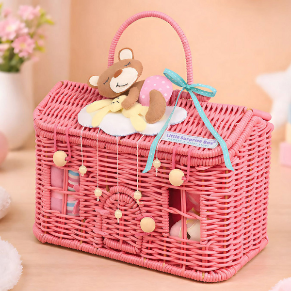 19 pcs, Pink Teddy Home cane basket themed Newborn Baby Girl, All Season wear,Gift Hamper set, 0-6 months