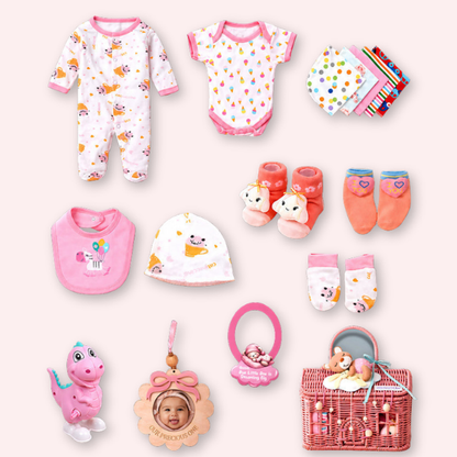 19 pcs, Pink Teddy Home cane basket themed Newborn Baby Girl, All Season wear,Gift Hamper set, 0-6 months
