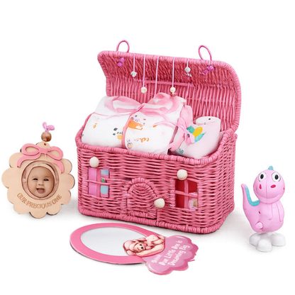 19 pcs, Pink Teddy Home cane basket themed Newborn Baby Girl, All Season wear,Gift Hamper set, 0-6 months