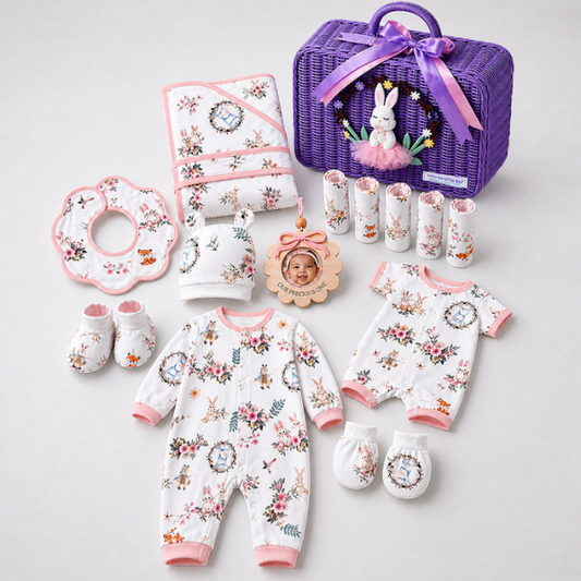20 pcs, Woodland Rabbit Cane Basket themed Newborn Baby Girl All Season wear,Gift Hamper set,0-12 months