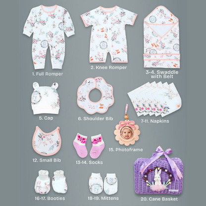 20 pcs, Woodland Rabbit Cane Basket themed Newborn Baby Girl All Season wear,Gift Hamper set,0-12 months