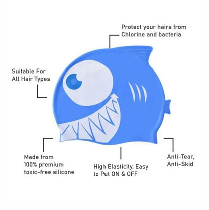 Blue & White Jaw Fish, Silicone Kids Swim Cap, 5 years -15 years
