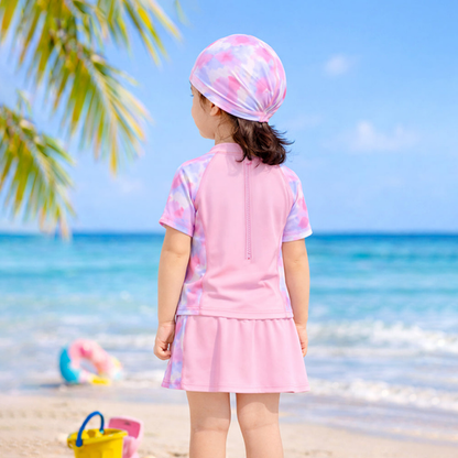 2 Pcs Top & Skort Set Peach Pink Tie-Dye Side Panel UPF 50+ Swimwear with Matching Swim Cap for Girls With Free Wash Bag
