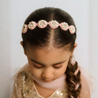 Choko Beaded Floral Pearl Hairband with Pearly Flowers and Elegant Touch for Girls - Light Pink