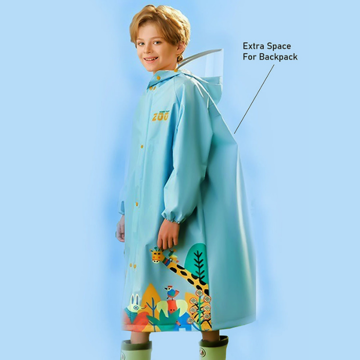 Blue Animal Print Knee Length Raincoat for Kids & Teens