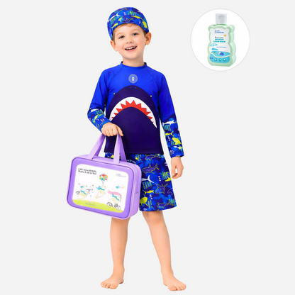 2 Pcs Polka Shark Print T-shirt & Shorts Set, Kids Swimwear with matching Swim Cap, plus Free Wash Bag & Free Swim Detergent