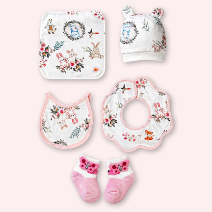 20 pcs, Woodland Rabbit Cane Basket themed Newborn Baby Girl All Season wear,Gift Hamper set,0-12 months