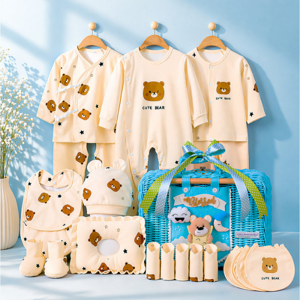 25 pcs Beige Bear Hamper for Newborn Boy/Girl, All Season wear hamper with luxury designed blue storage cane basket 0-12 months