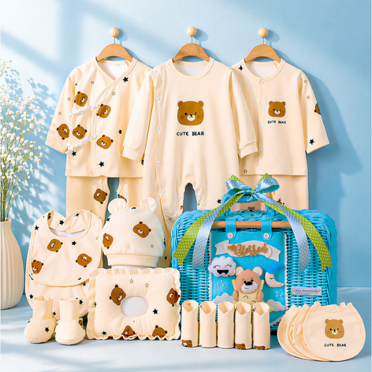 25 pcs Beige Bear Hamper for Newborn Boy/Girl, All Season wear hamper with luxury designed blue storage cane basket 0-12 months