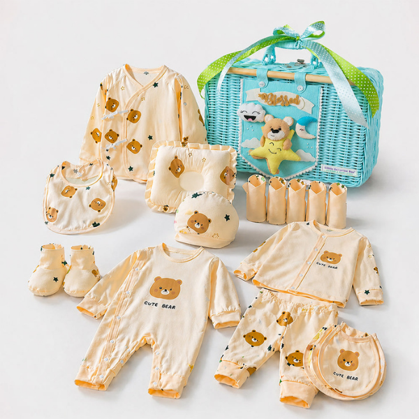 25 pcs Beige Bear Hamper for Newborn Boy/Girl, All Season wear hamper with luxury designed blue storage cane basket 0-12 months