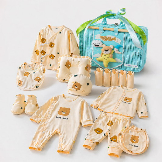 25 pcs Beige Bear Hamper for Newborn Boy/Girl, All Season wear hamper with luxury designed blue storage cane basket 0-12 months