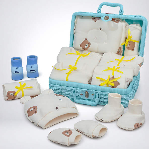 25 pcs Beige Bear Hamper for Newborn Boy/Girl, All Season wear hamper with luxury designed blue storage cane basket 0-12 months