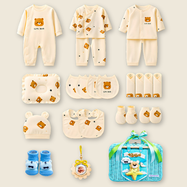 25 pcs Beige Bear Hamper for Newborn Boy/Girl, All Season wear hamper with luxury designed blue storage cane basket 0-12 months