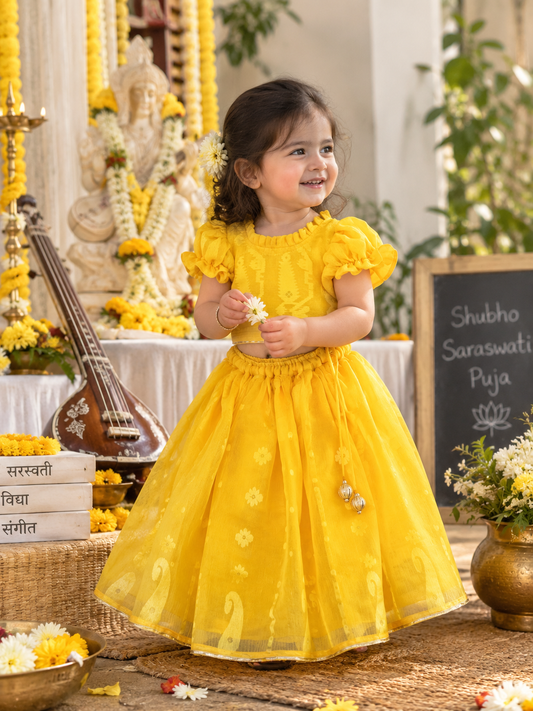 Basanti Dhakai Cotton Lehenga Set for Girls