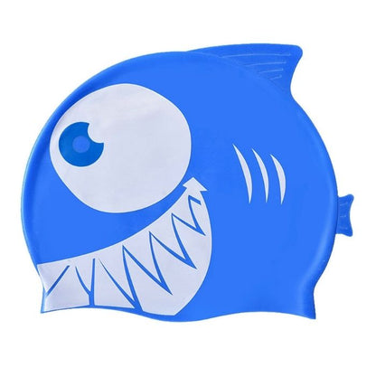 Blue & White Jaw Fish, Silicone Kids Swim Cap, 5 years -15 years