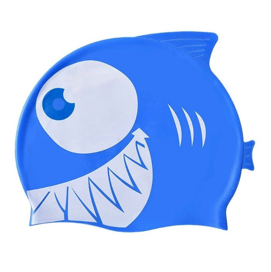 Blue & White Jaw Fish, Silicone Kids Swim Cap, 5 years -15 years