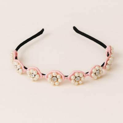 Choko Beaded Floral Pearl Hairband with Pearly Flowers and Elegant Touch for Girls - Light Pink