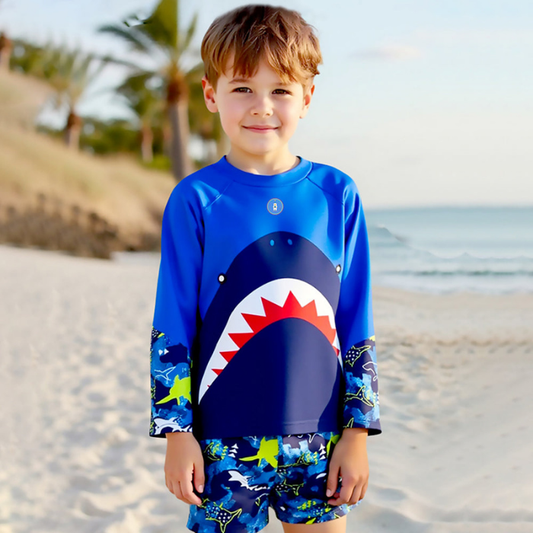 2 Pcs Polka Shark Print T-shirt & Shorts Set, Kids Swimwear with matching Swim Cap, plus Free Wash Bag & Free Swim Detergent